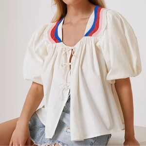 NWT Anthropologie Tie Front Copenhagen Top, White with Colorful Collar, One Size